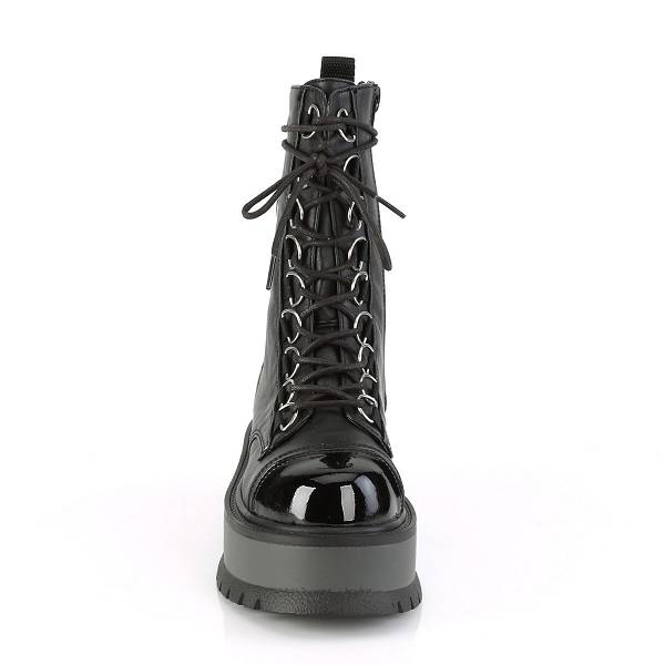 Demonia Women's Slacker-150 Platform Mid Calf Boots - Black Vegan Leather/Patent D2658-71US Clearance